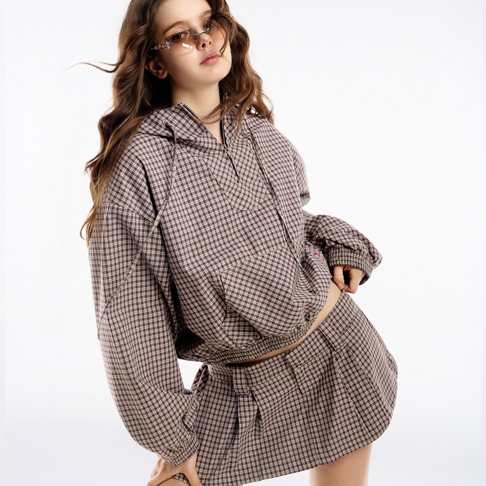 Push Push Gingham Half-Zip Hoodie Mauve Gingham S